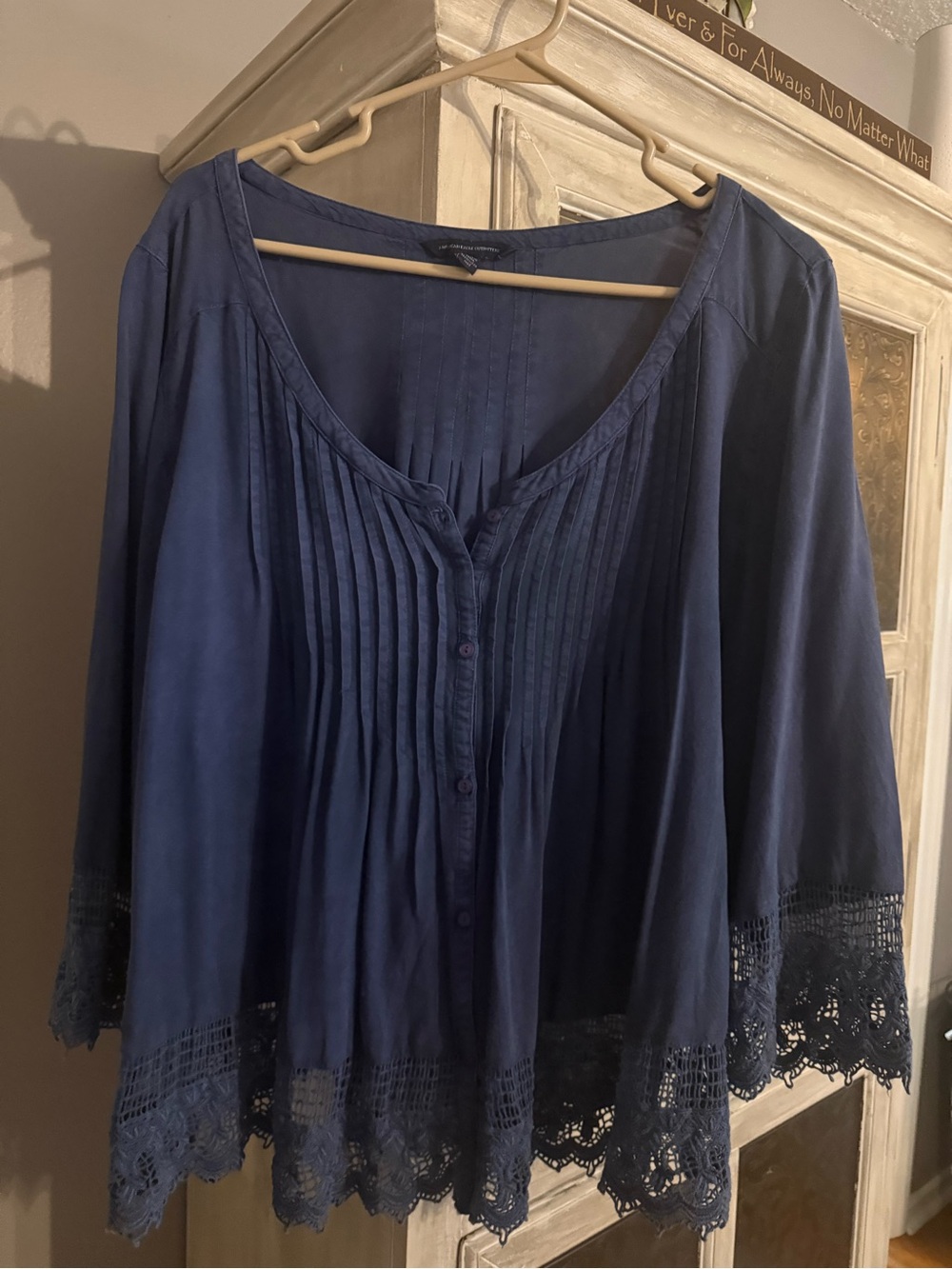 American Eagle Outfitters Navy Button-Front Blouse with Crochet Hem